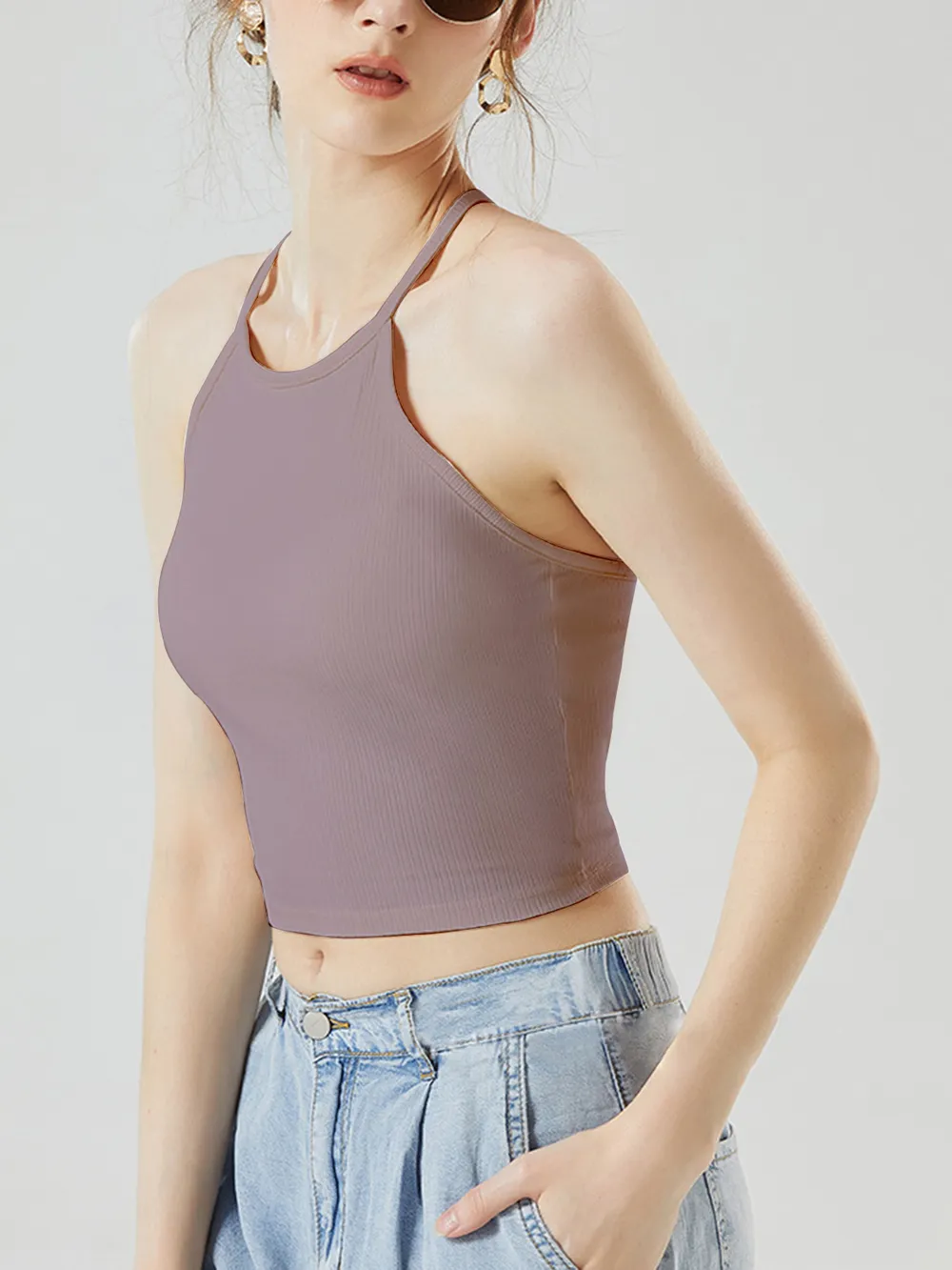 Grecian Neck Cropped Tank with Chest Pads, image 20