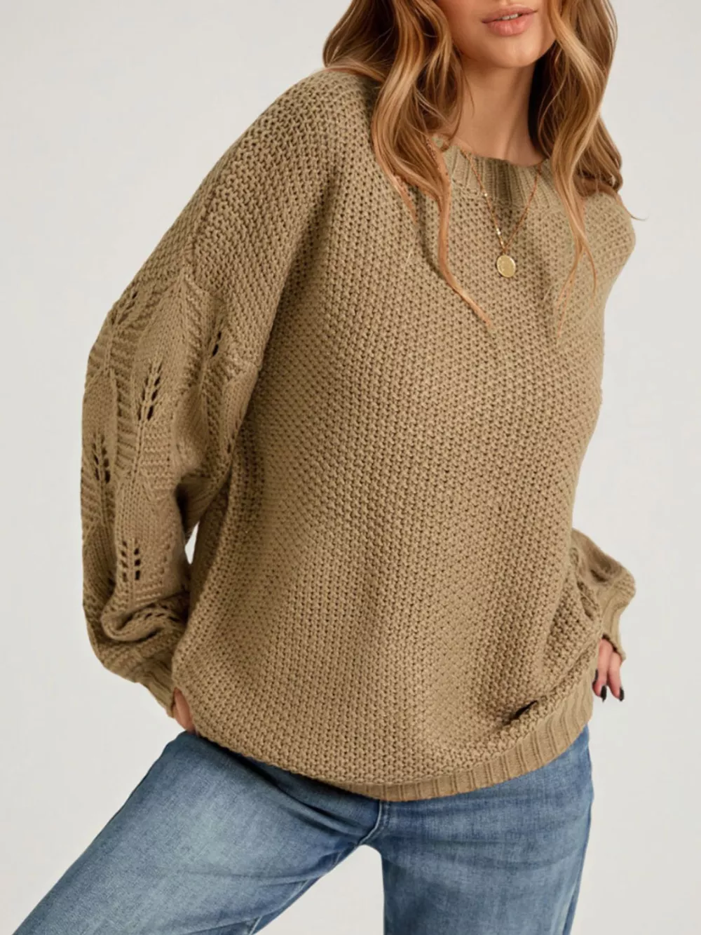Textured Knit Openwork Dropped Shoulder Sweater, image 4