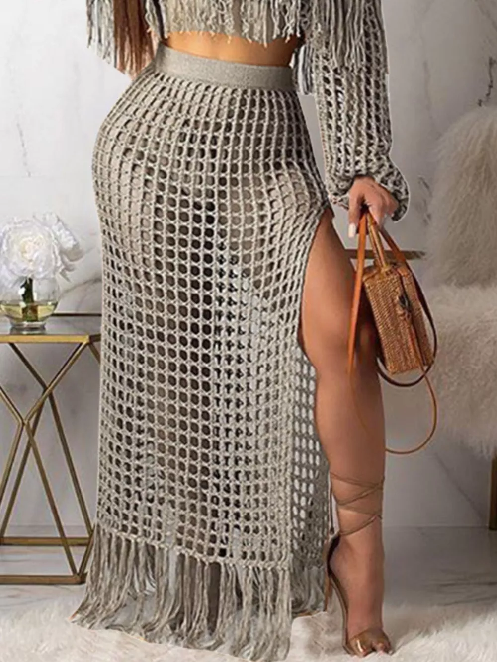 Full Size Crochet Off-Shoulder Fringe Top and Skirt Set Plus Size, image 24