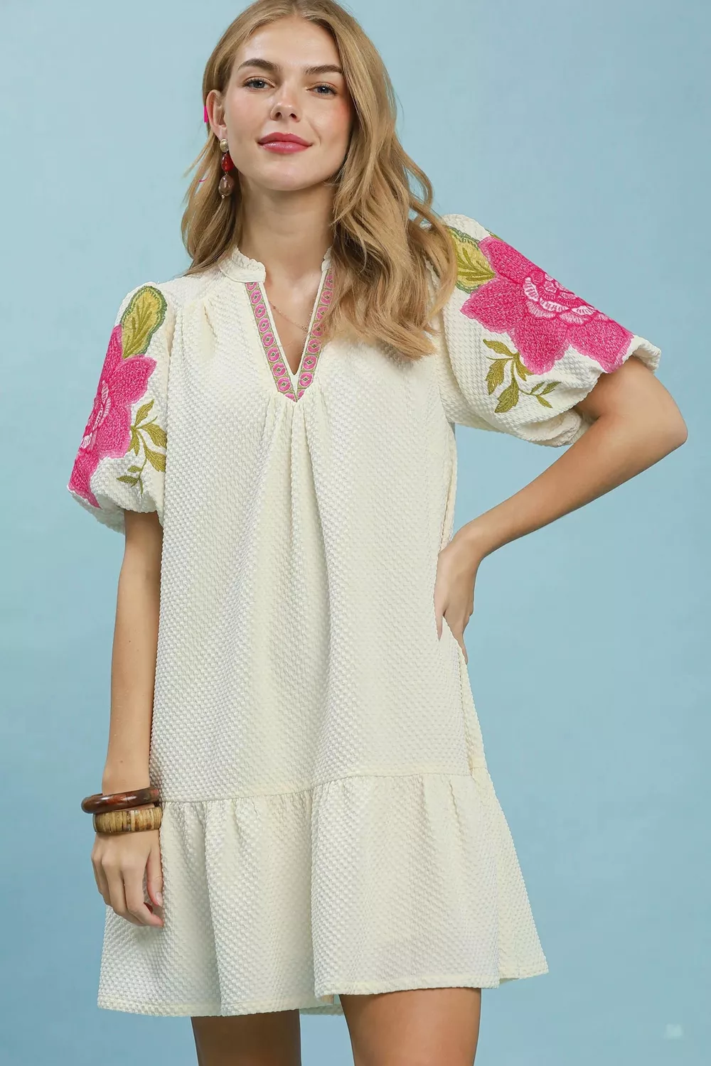 Floral Embroidered Textured Jacquard Dress