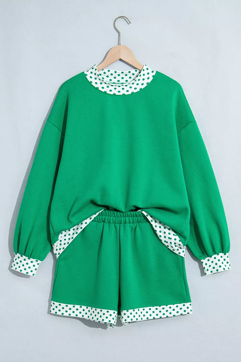 Polka Dot Trim Long Sleeve Sweatshirt and Shorts Set, image 3