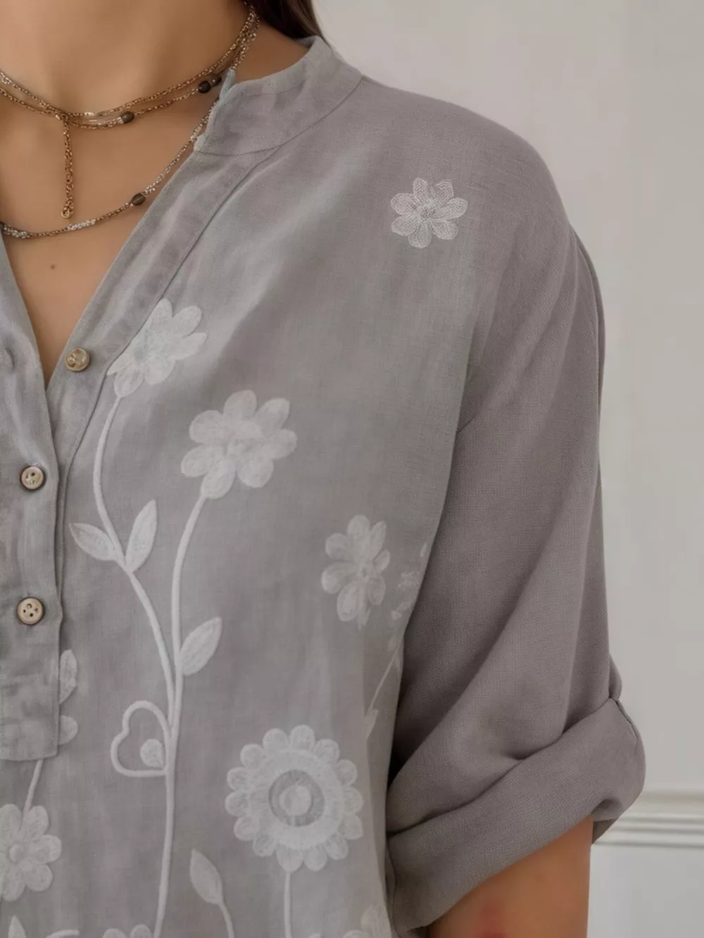 Full Size Floral Embroidered Button Detail Blouse Plus Size, image 9