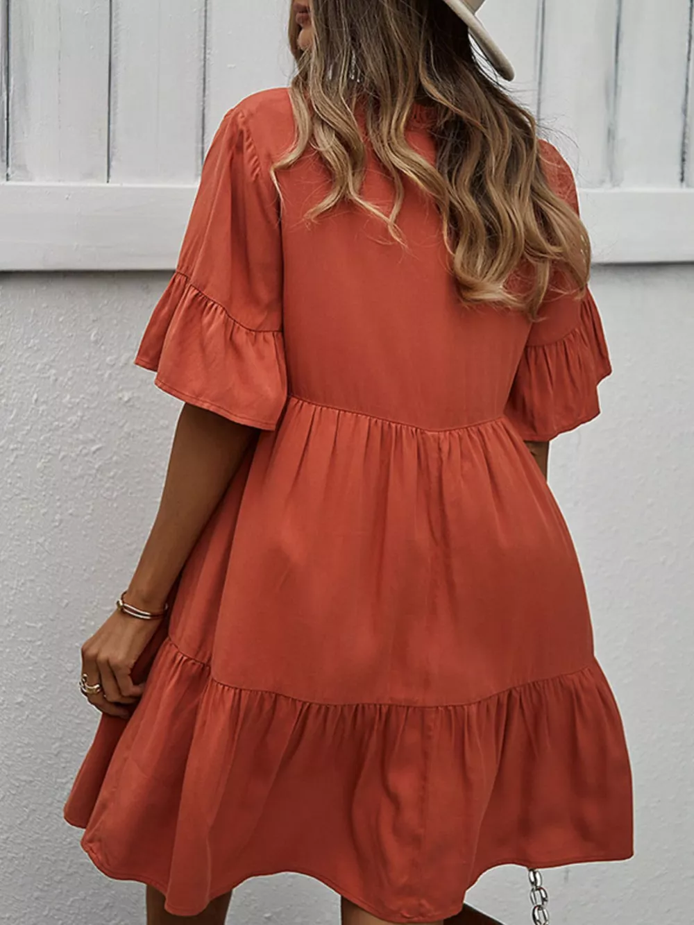 Boho Ruffle Sleeve Button Down Tiered Mini Dress, image 5