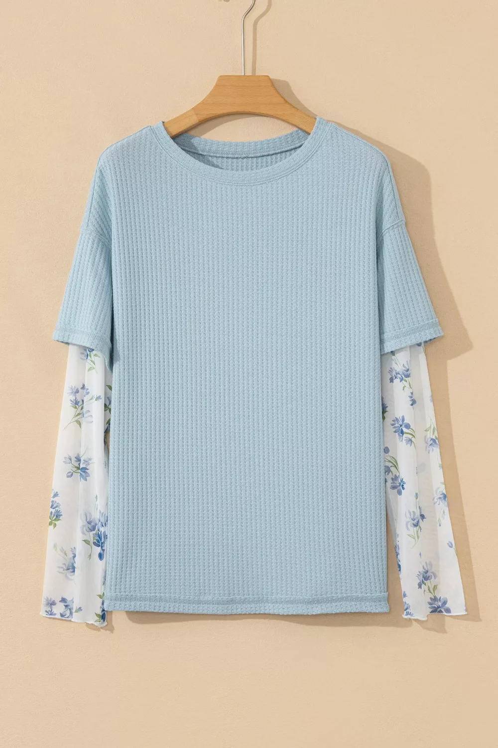 Floral Lace Sleeve Patchwork Waffle Fake Two-Piece Top, image 3