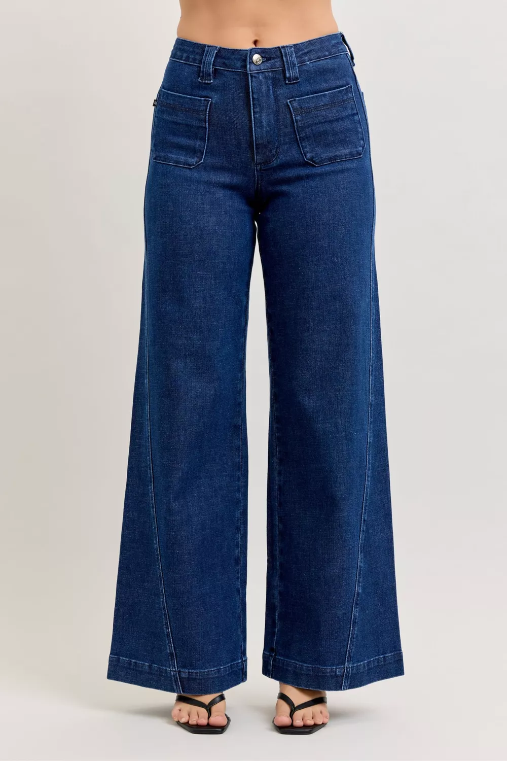 High-Waisted Retro Wide Jeans with Patch Pkts & Twisted Seams