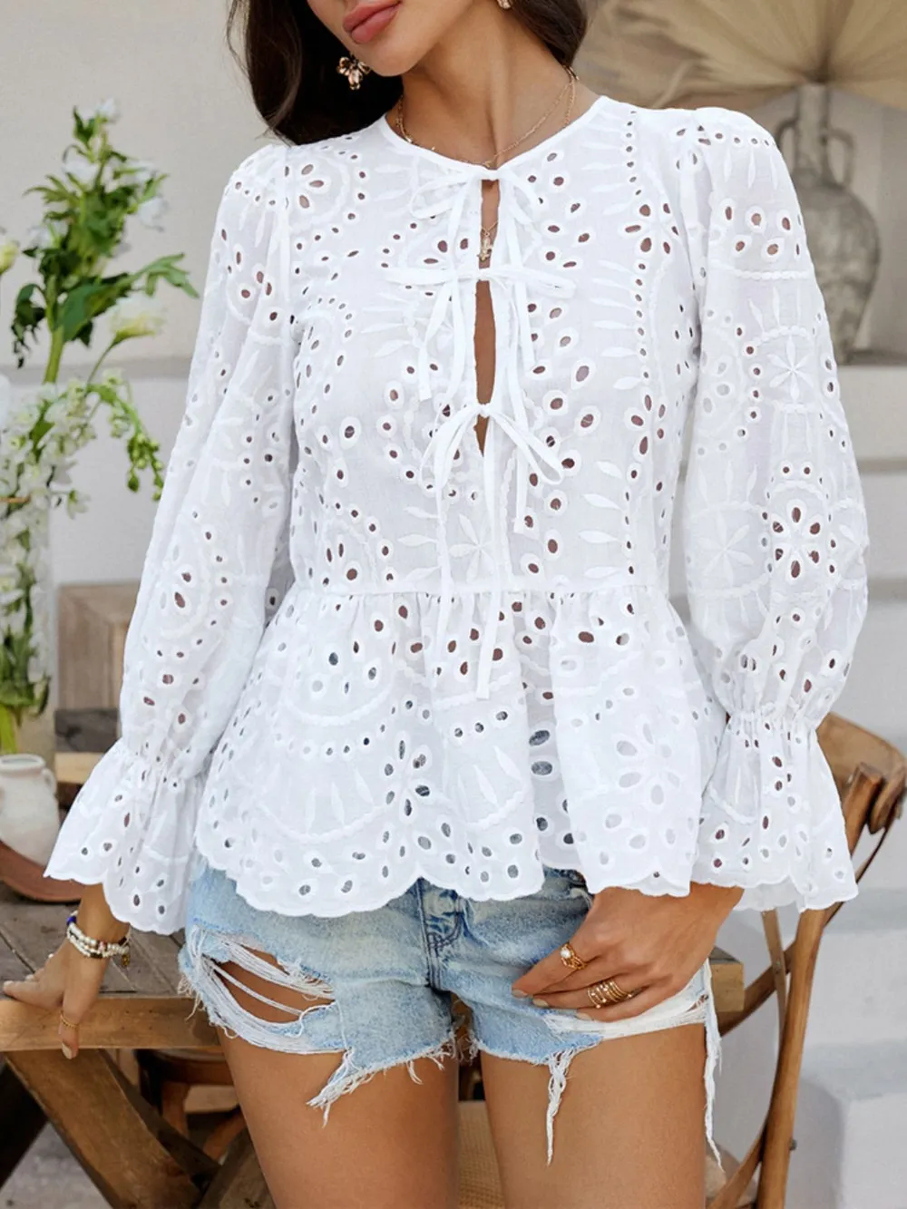 Tie Front Flounce Sleeve Peplum Blouse, image 18
