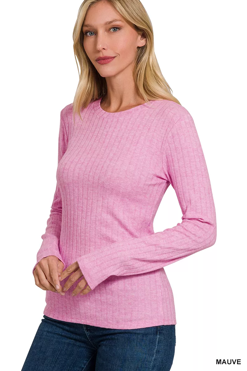 Ribbed Long Sleeve Round Neck T-Shirt, image 2