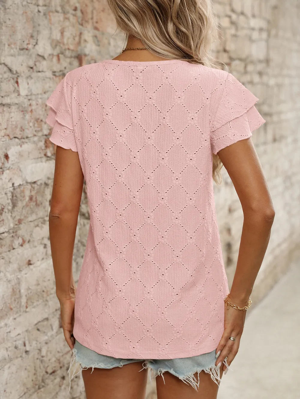Eyelet Round Neck Double Layered Ruffled Short Sleeve Top, image 25