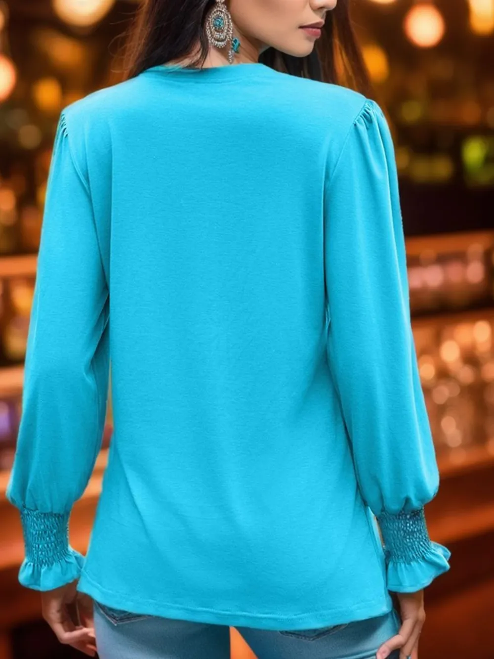 Notched Smocked Flounce Sleeve Blouse, image 6