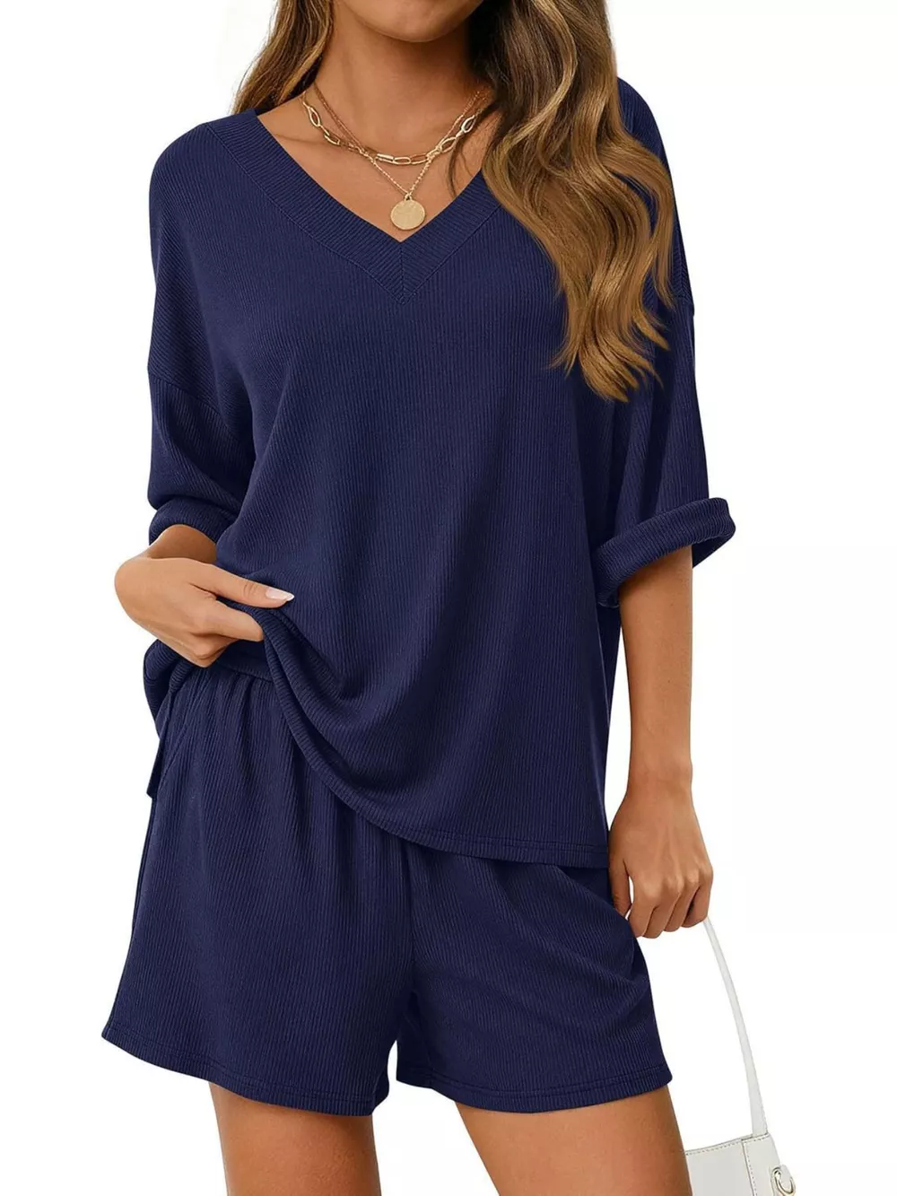 Casual Solid Color V-Neck Top & Shorts Set, image 29