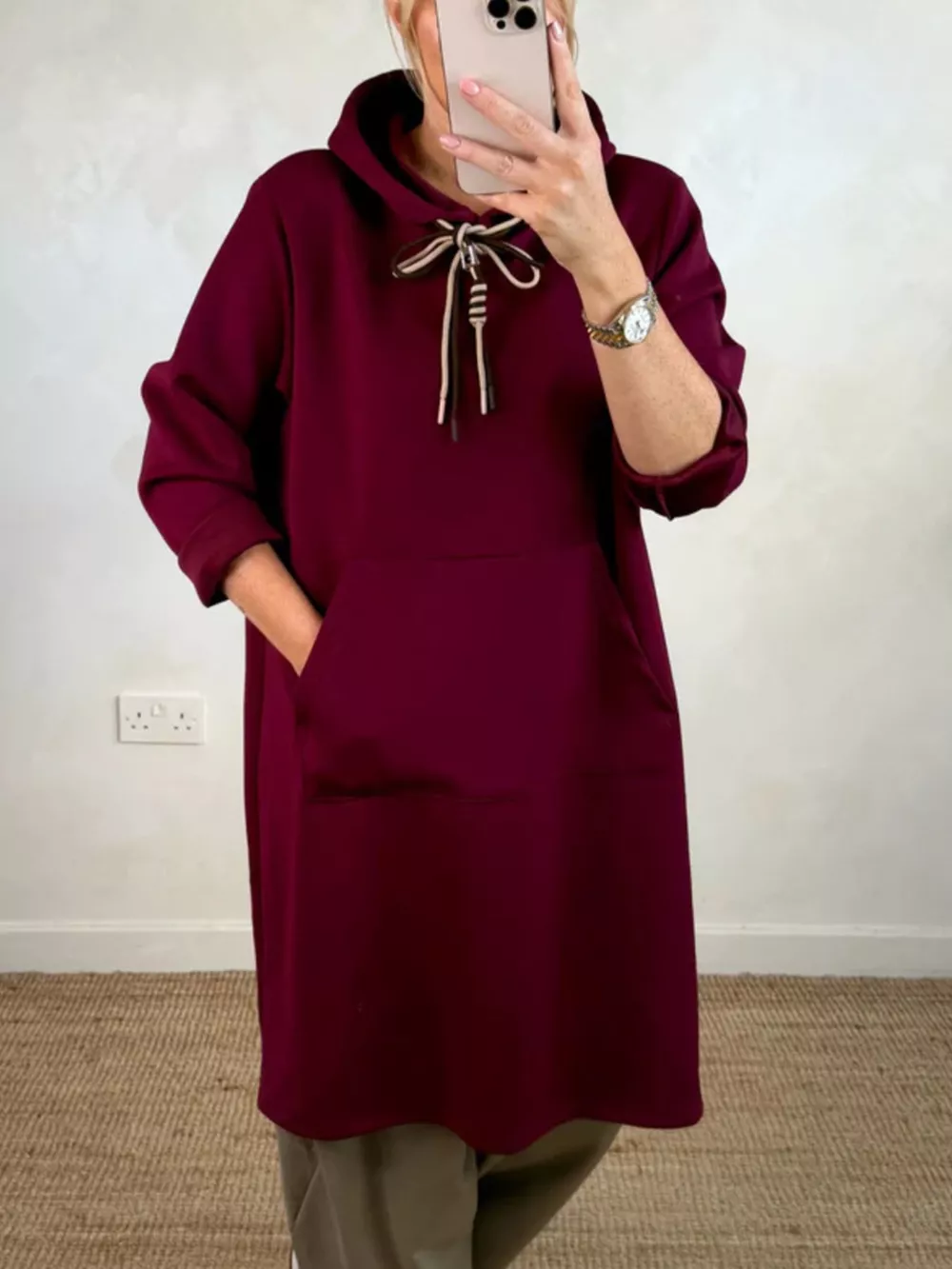 Full Size Casual Drawstring Hooded Sweatshirt Dress Plus Size, image 6
