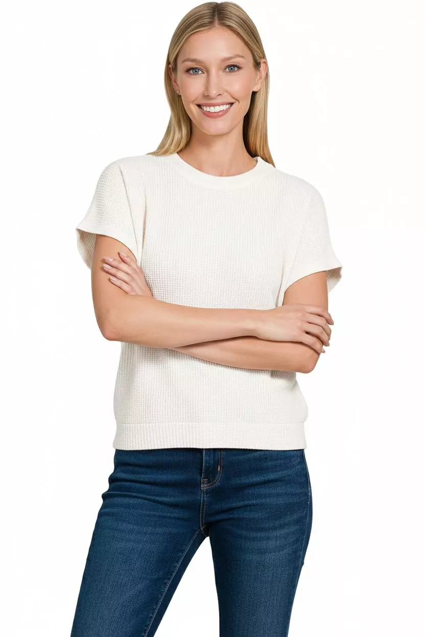 Round Neck Banded Botton Short Sleeve Sweater, image 2