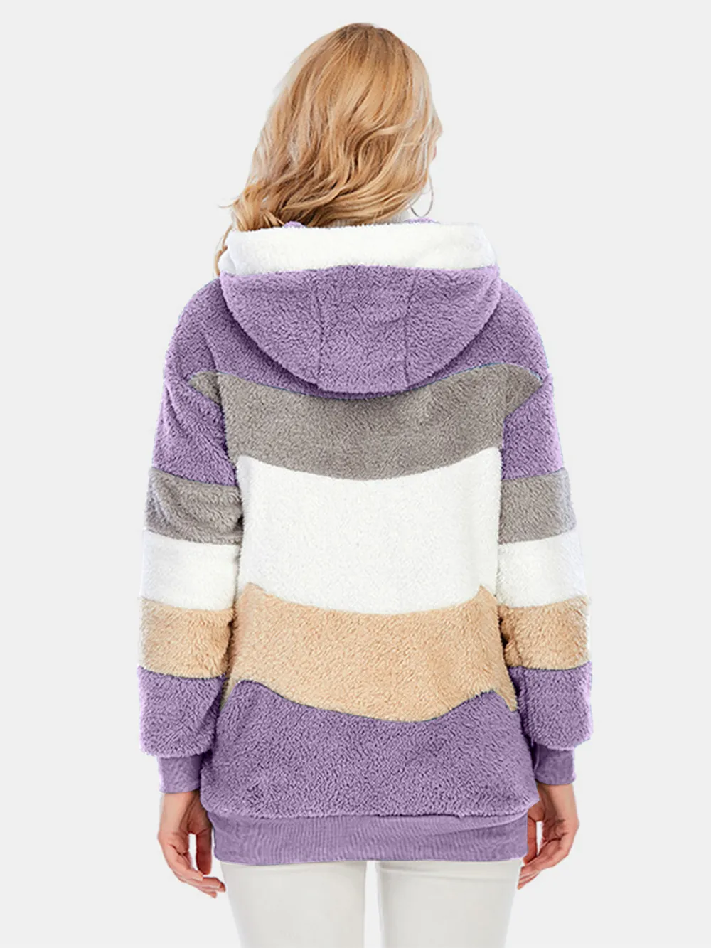 Full Size Drawstring Color Block Zip Up Hooded Outerwear, image 17