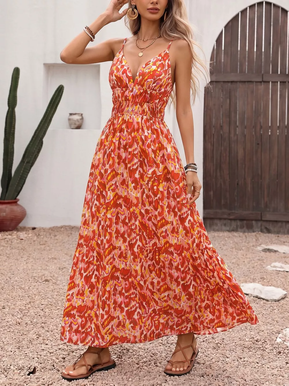 Printed V-Neck Sleeveless Smocked Maxi Dress, image 3