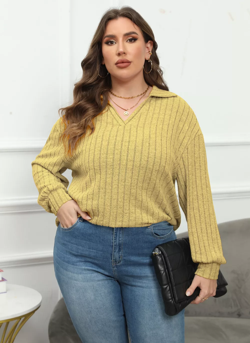 Plus Size Ribbed Knit Polo Collar T-Shirt, image 20