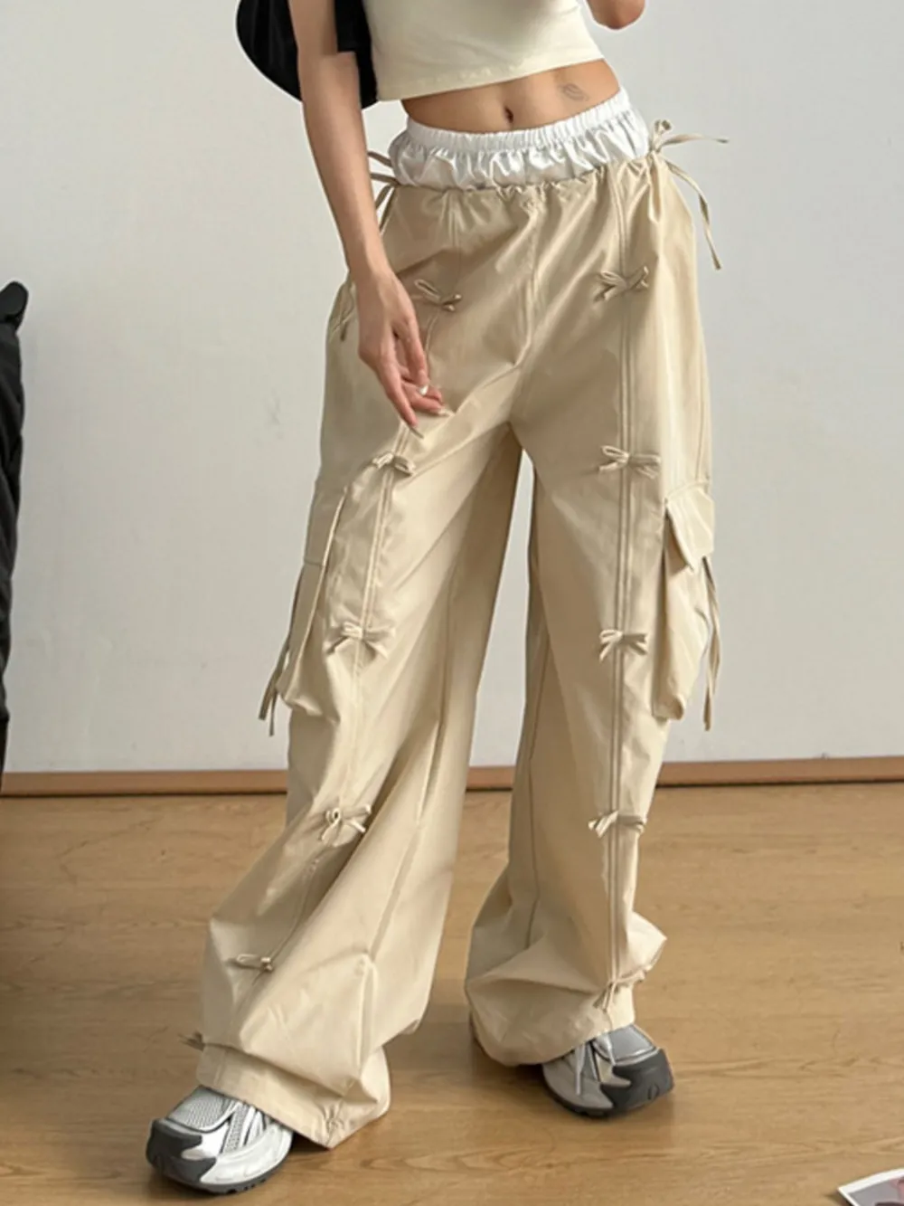 Bow Elastic Waist Cargo Pants, image 2