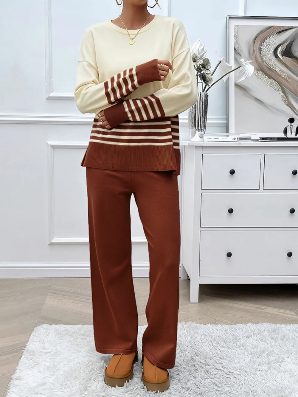 Slit Striped Round Neck Top and Pants Sweater Set, image 12