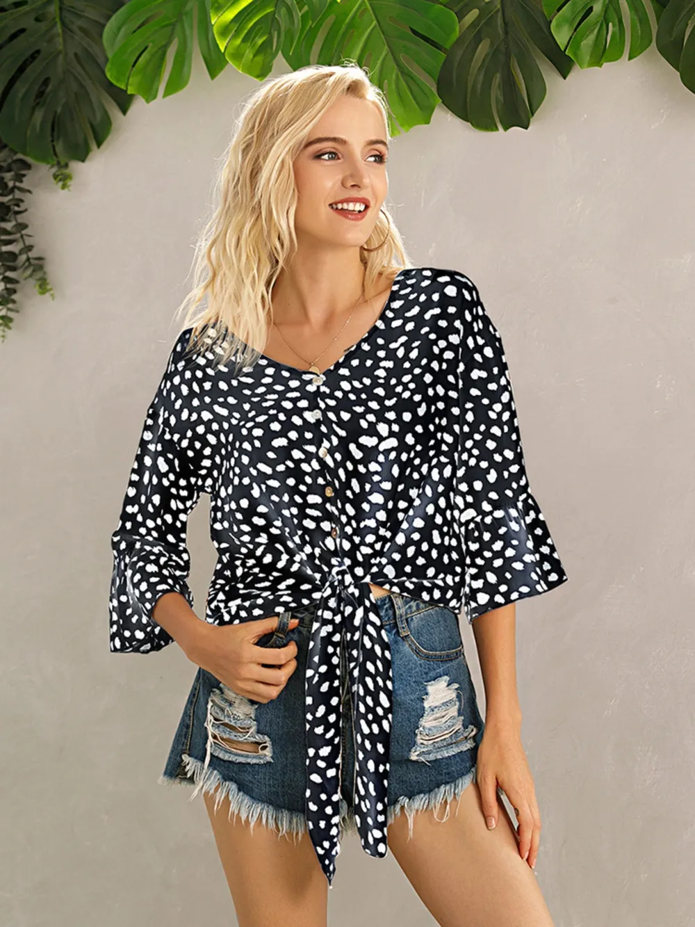 Tied Printed Button Up V-Neck Blouse, image 12