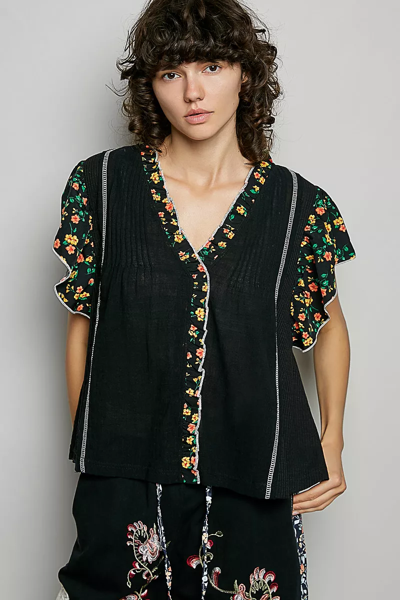 V-Neck Floral Ruffle Sleeve Blouse, image 2