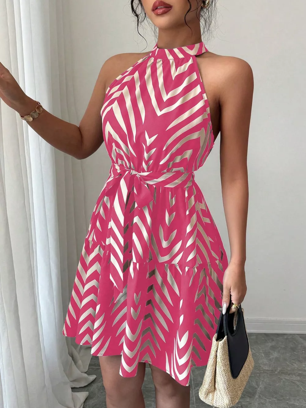 Zebra Print Halter Neck Tie Waist Ruffle Hem Dress, image 10