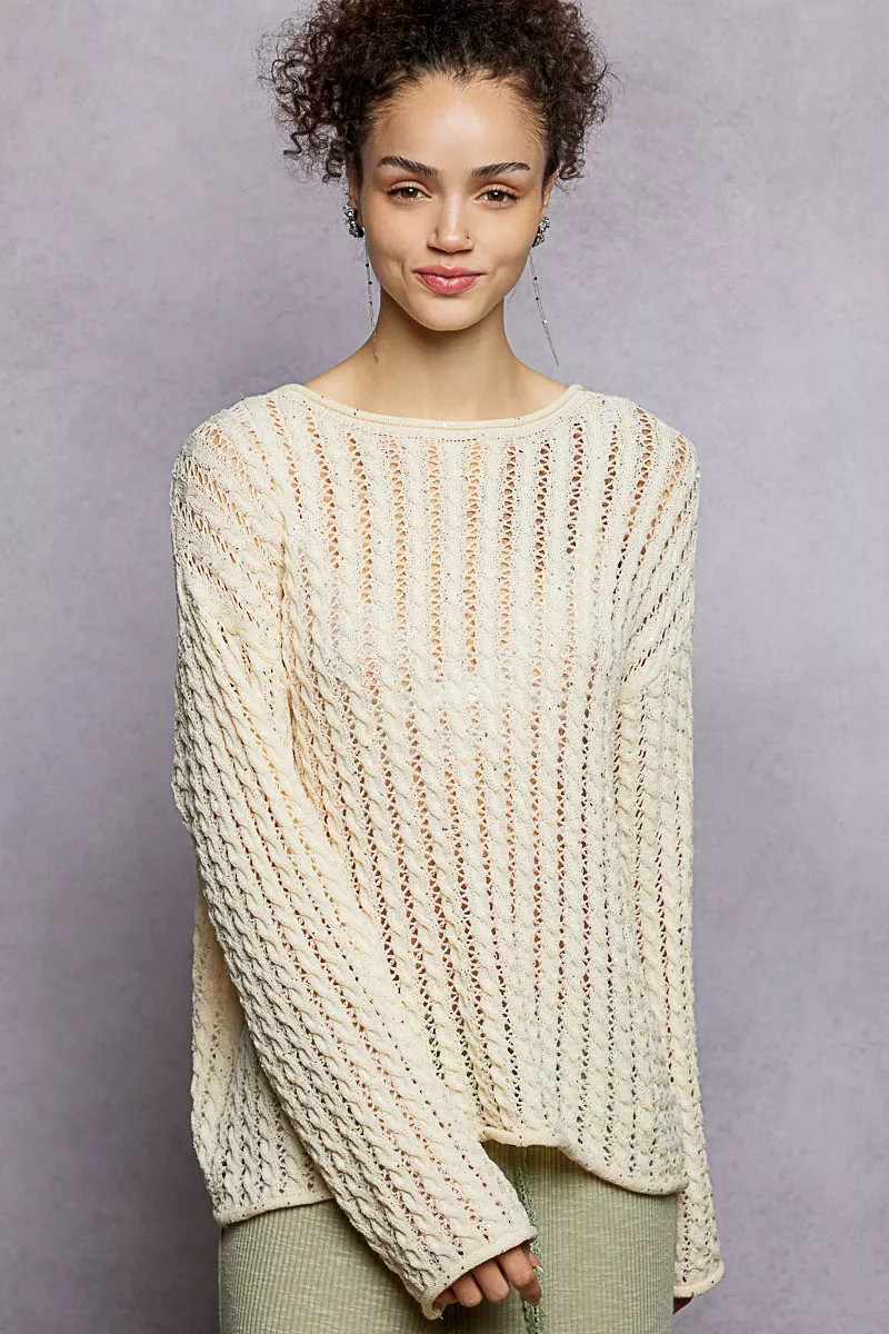 Openwork Round Neck Knit Top with Shiny Detail