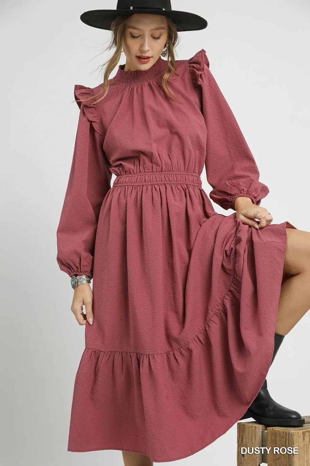 Textured Midi Dress with Ruffle Shoulder Detail