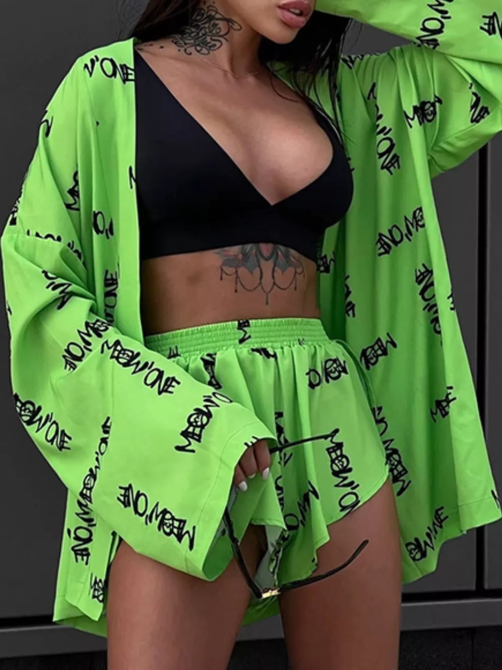 Geometric Cat Print Cardigan and Shorts Lounge Set, image 16