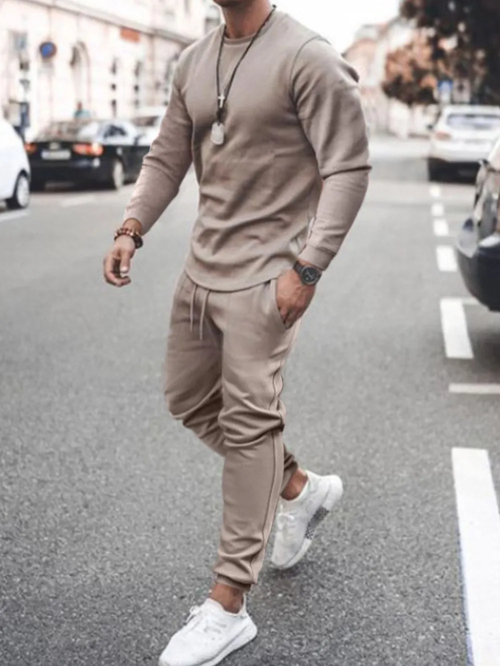 Men's Full Size Round Neck Long Sleeve Top and Pants Set Plus Size, image 3
