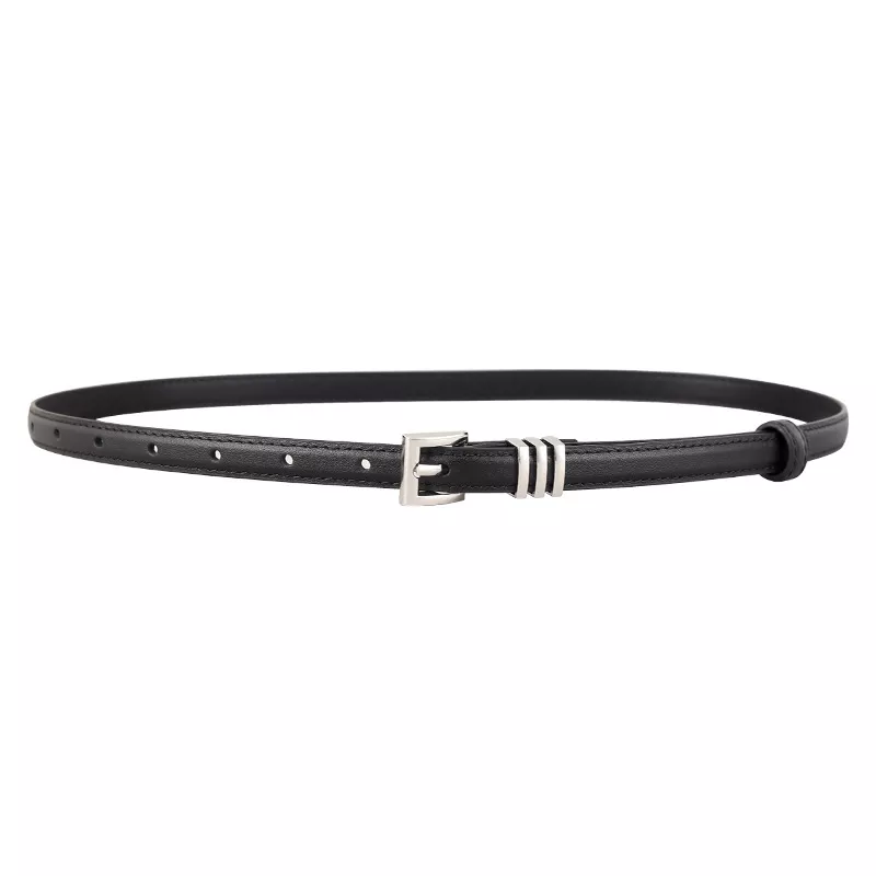 Skinny Leather Belt with Silver Buckle, image 3