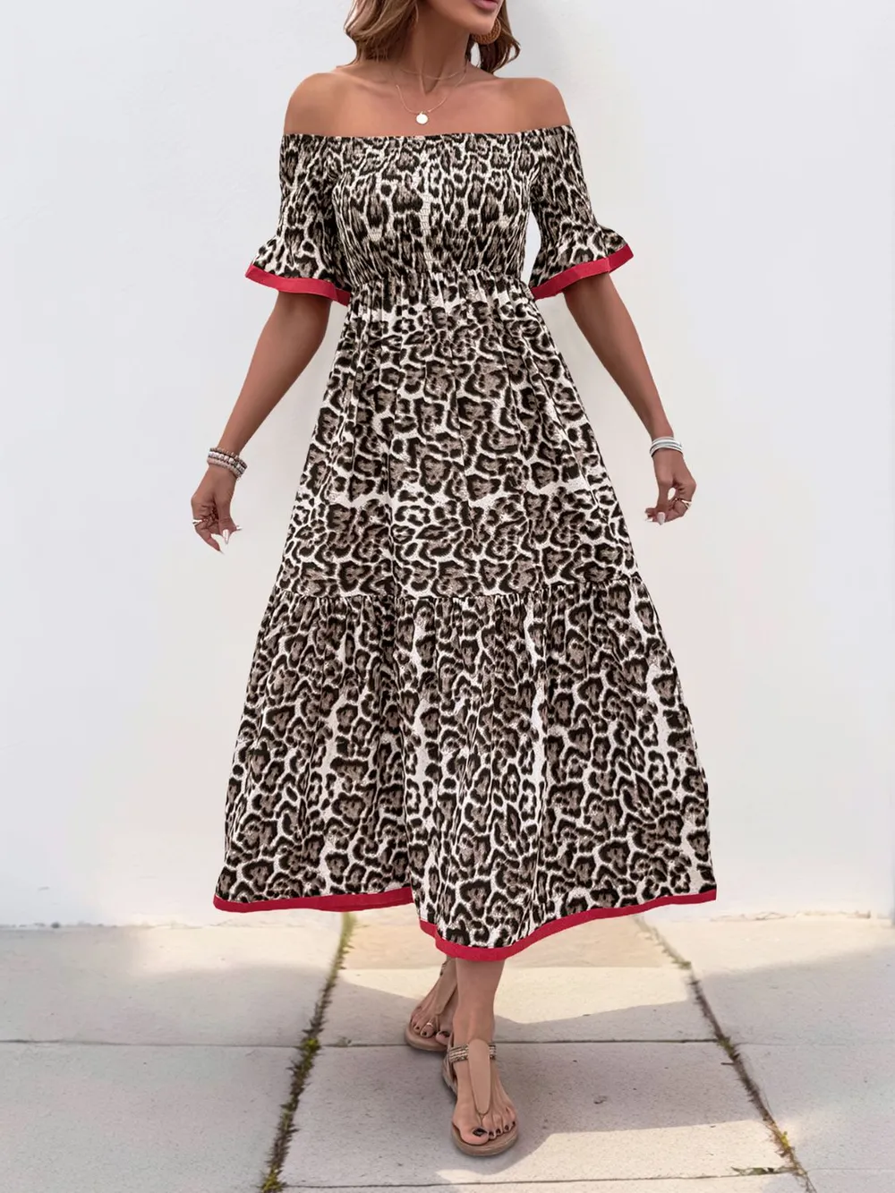 Leopard Off-Shoulder Flounce Sleeve Midi Dress, image 6