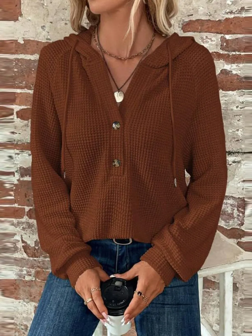 Waffle Knit Long Sleeve Drawstring Hooded Top, image 30