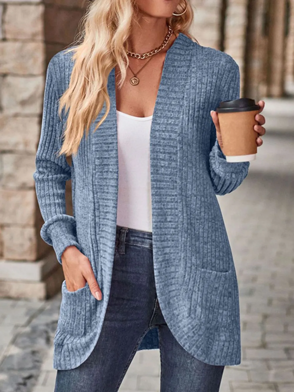 Ribbed Knit Open Front Cardigan with Pockets, image 11