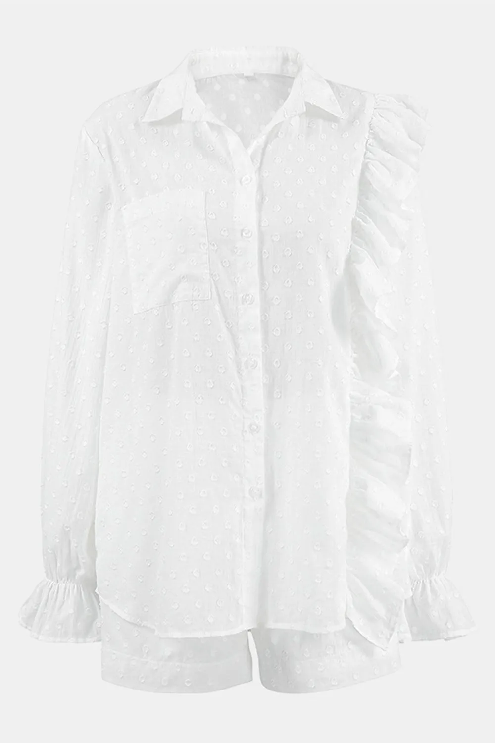 Ruffled Dot Applique Collared Neck Top and Shorts Set, image 9