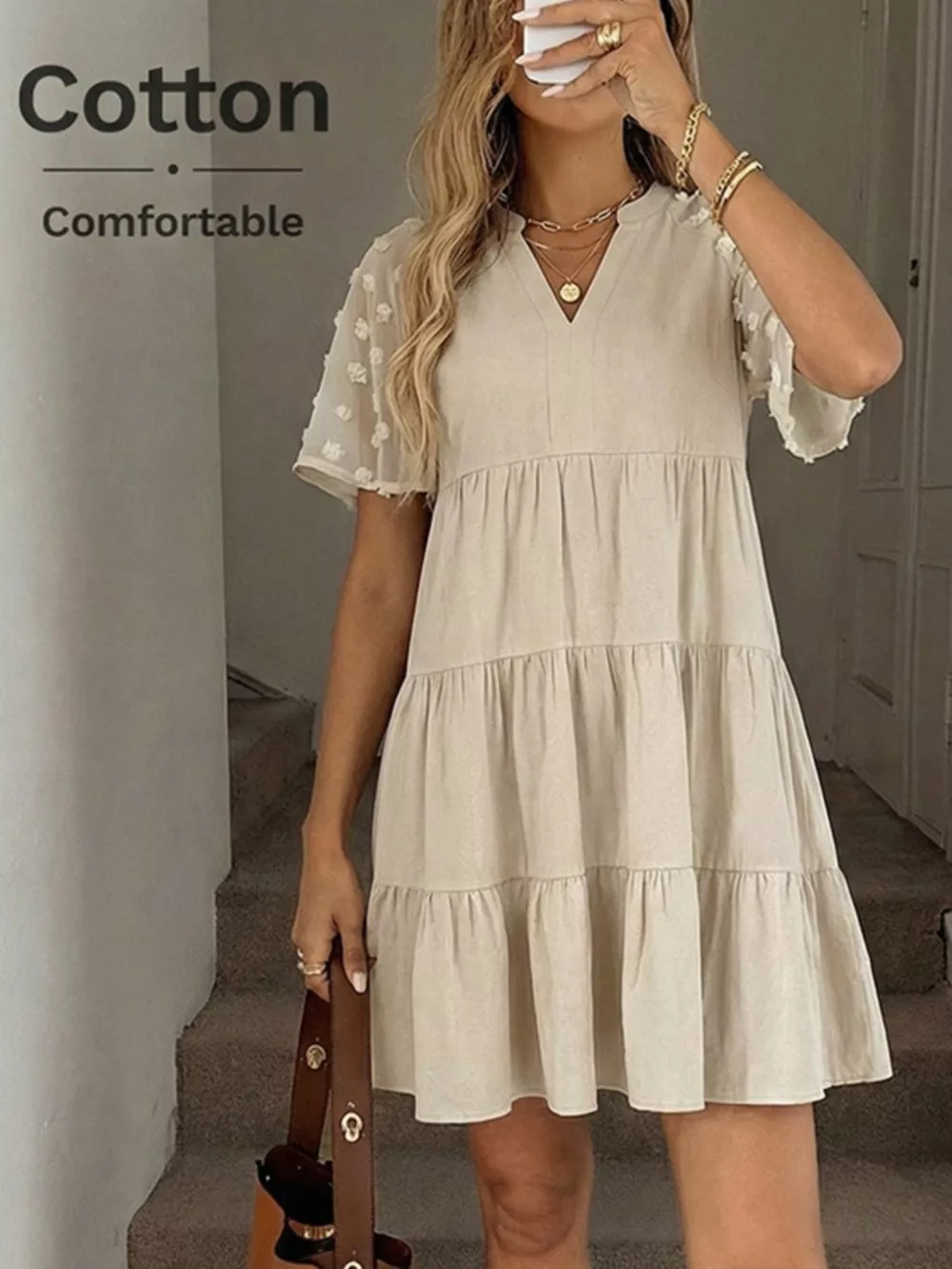 Casual Tiered Mini Dress with Swiss Dot Sleeves, image 3