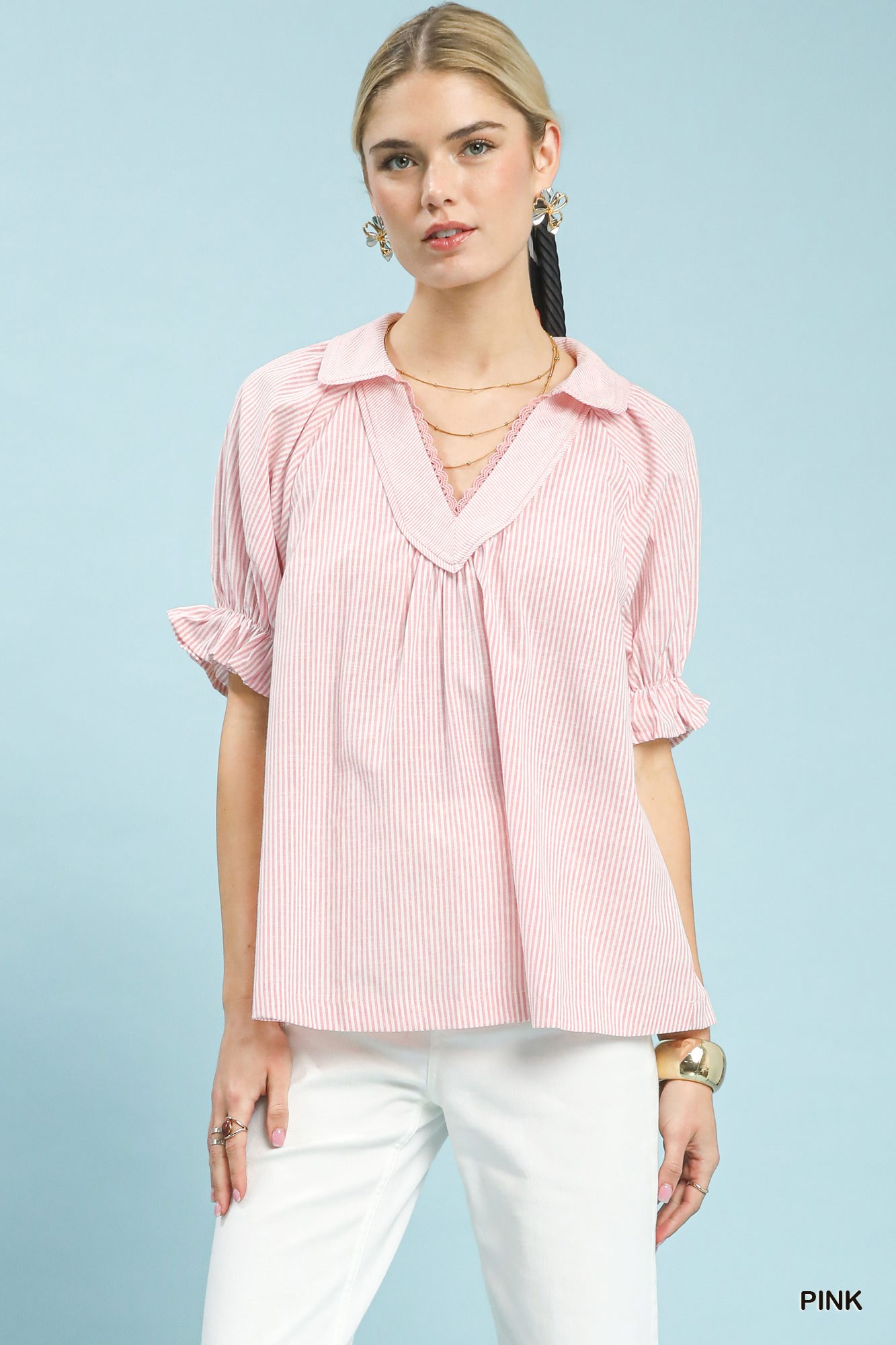 Pinstripe V-Neck Ruffle Sleeve Blouse