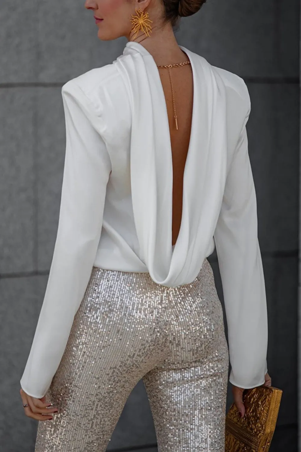 Backless Cowl Neck Long Sleeve Blouse, image 3