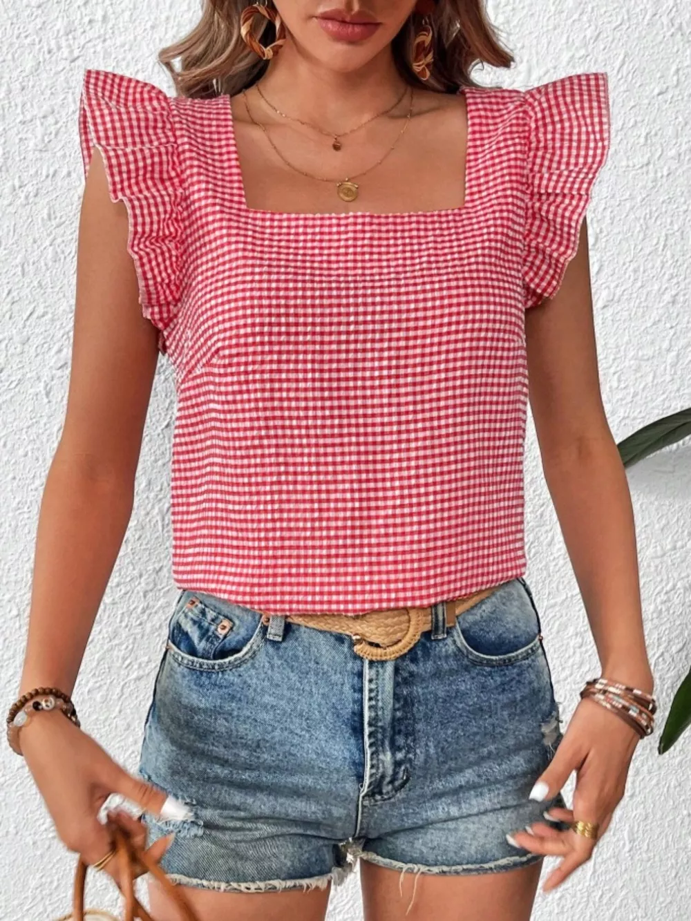 Gingham Ruffle Sleeve Square Neck Blouse, image 20