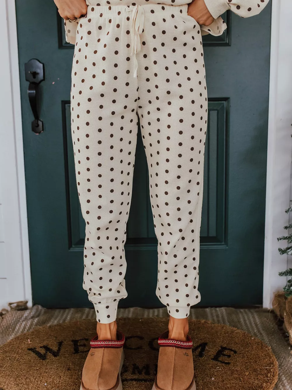 Polka Dot Notched Long Sleeve Top and Drawstring Joggers Lounge Set, image 4