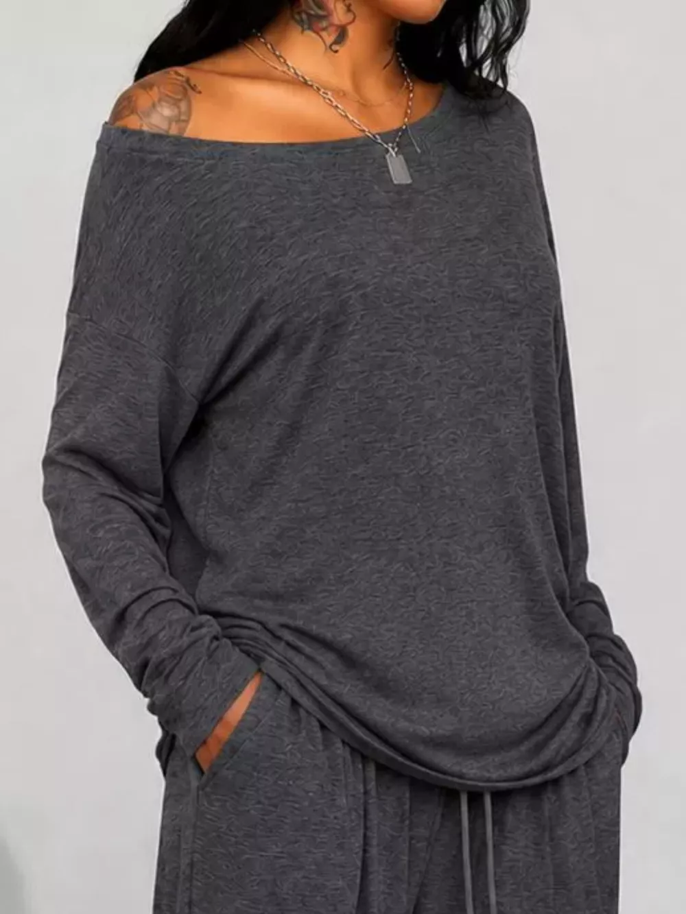 Full Size Comfortable Loose Fit One-Shoulder T-Shirt and Pants Set Plus Size, image 8
