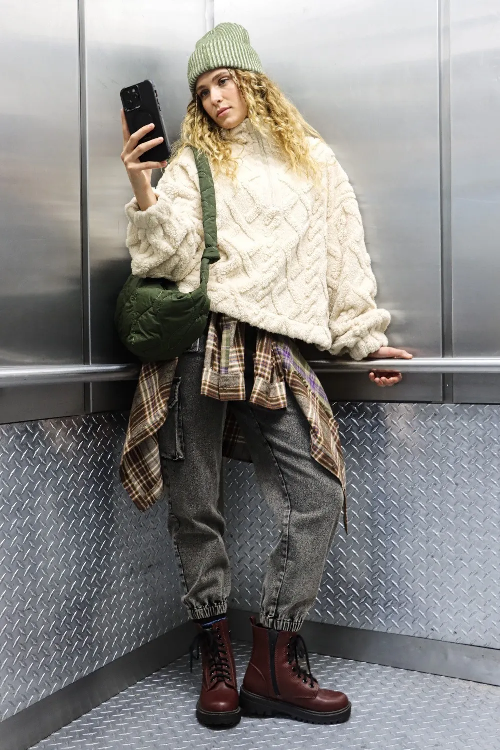 Fuzzy Fleece Half Zip Cable Pattern Sweatshirt, image 3