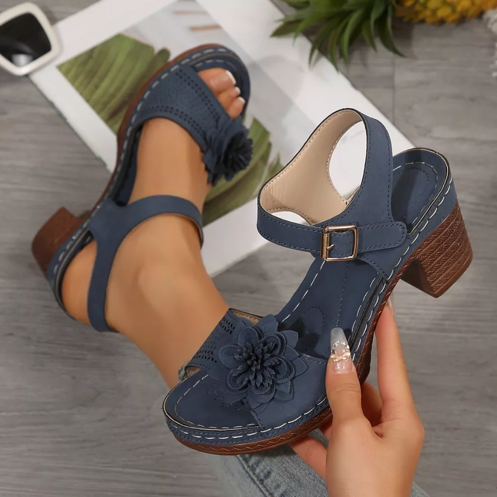 Floral Decor Buckle Ankle Strap Block Heel Sandals, image 11