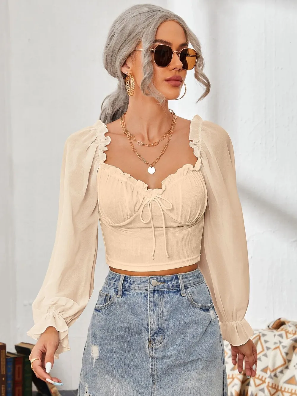 Mesh Sweetheart Neck Flounce Sleeve Top, image 21
