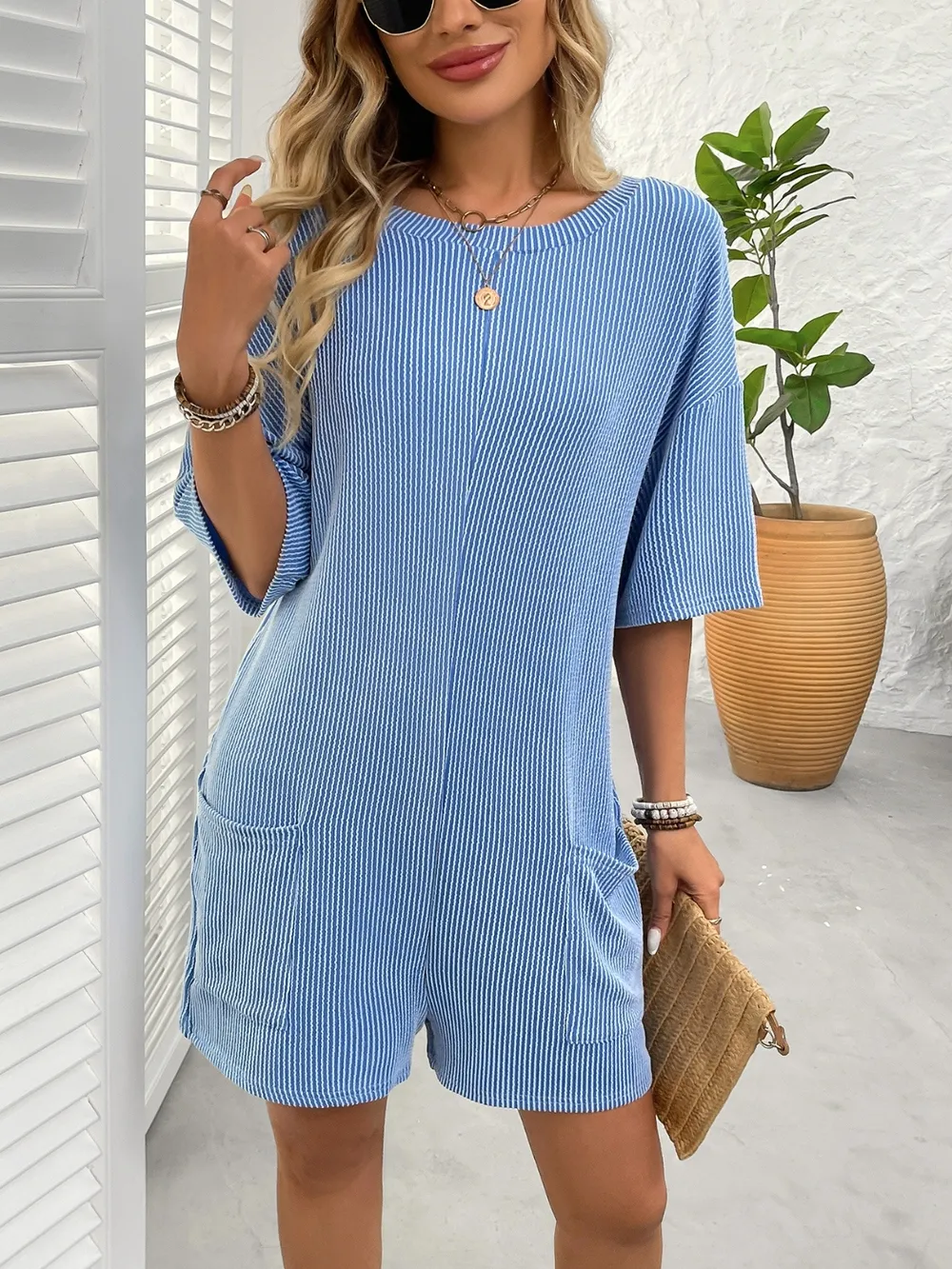 Backless Textured Round Neck Half Sleeve Romper, image 24