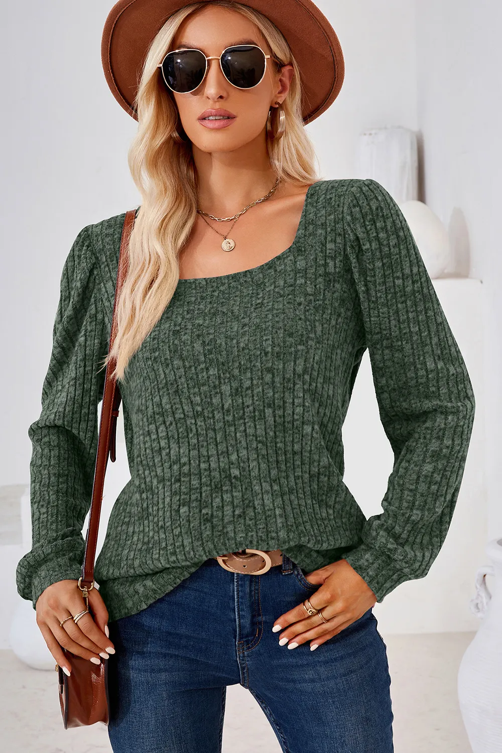 Ribbed Square Neck Long Sleeve T-Shirt, image 2