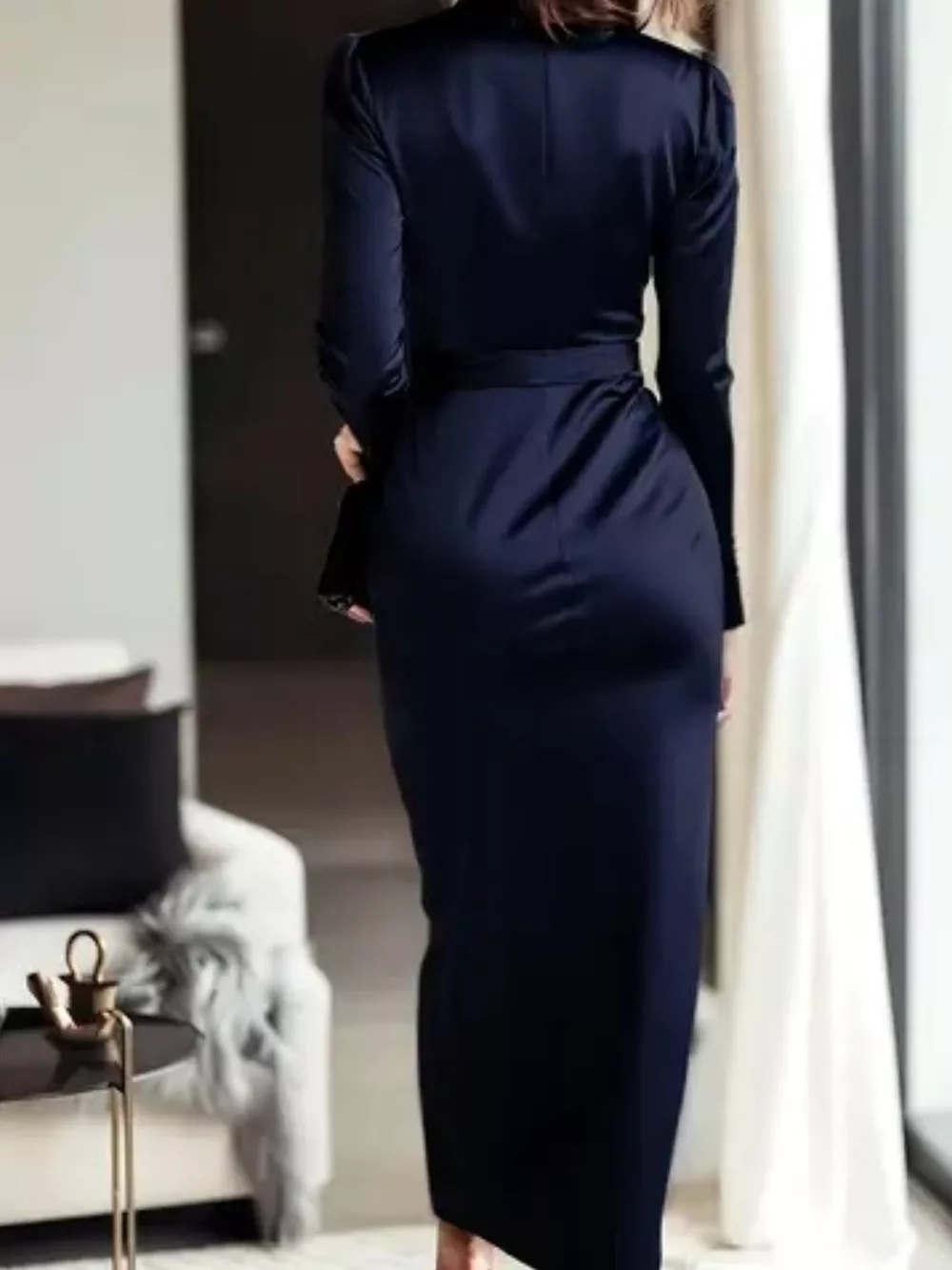 Satin Tie Waist Long Sleeve Dress, image 6