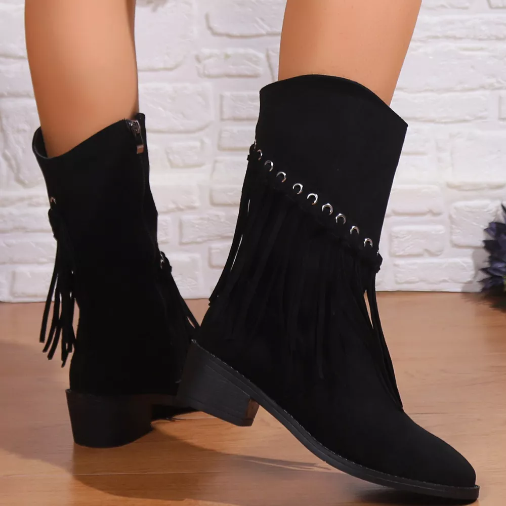 Fringe Western Block Heel Boots, image 3