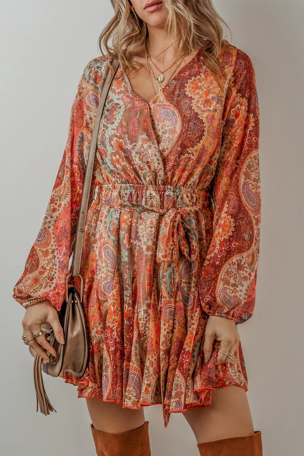 Boho Paisley Print Long Sleeve Mini Dress, image 8