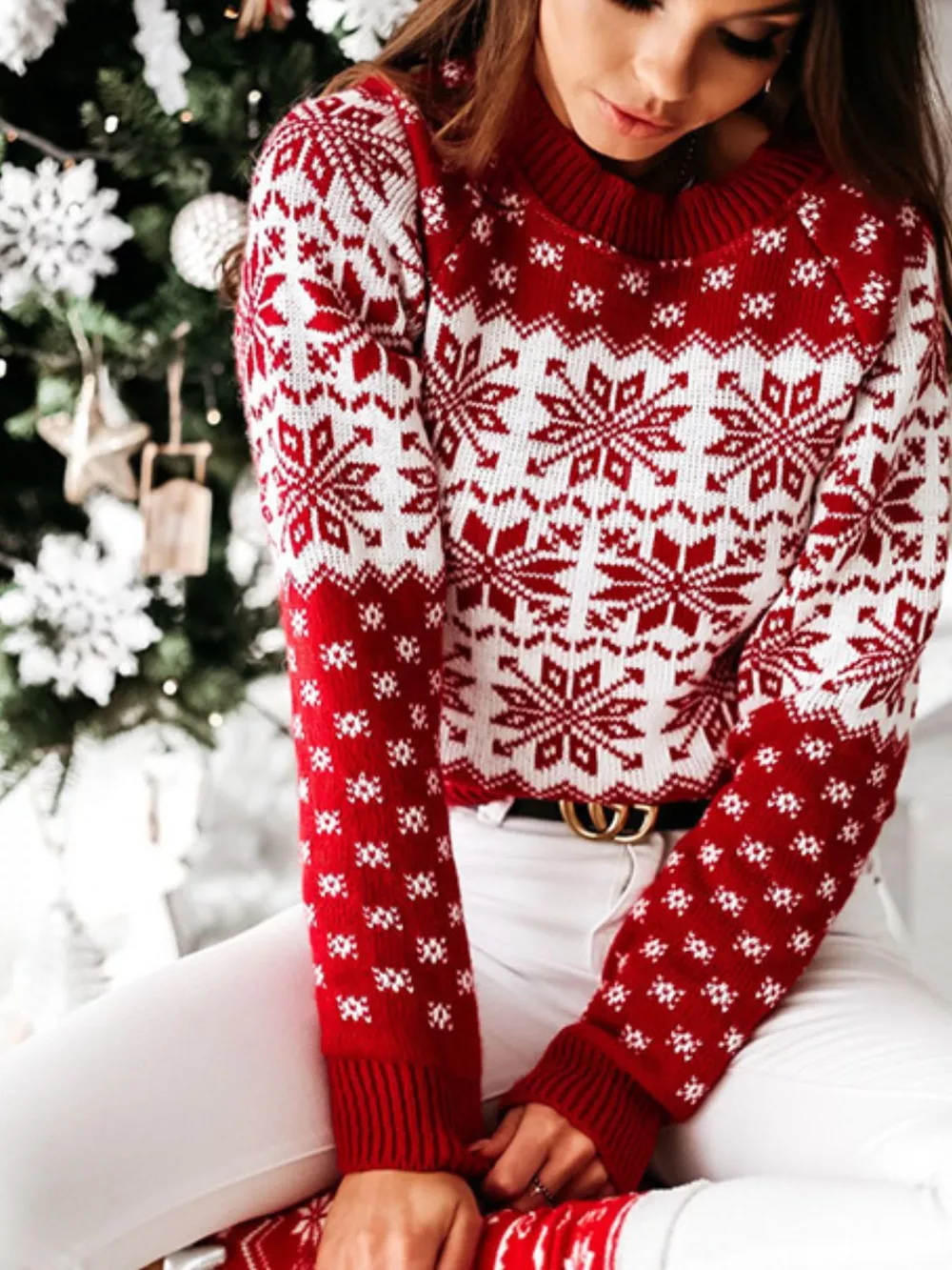 Snowflake Pattern Long Sleeve Sweater, image 3