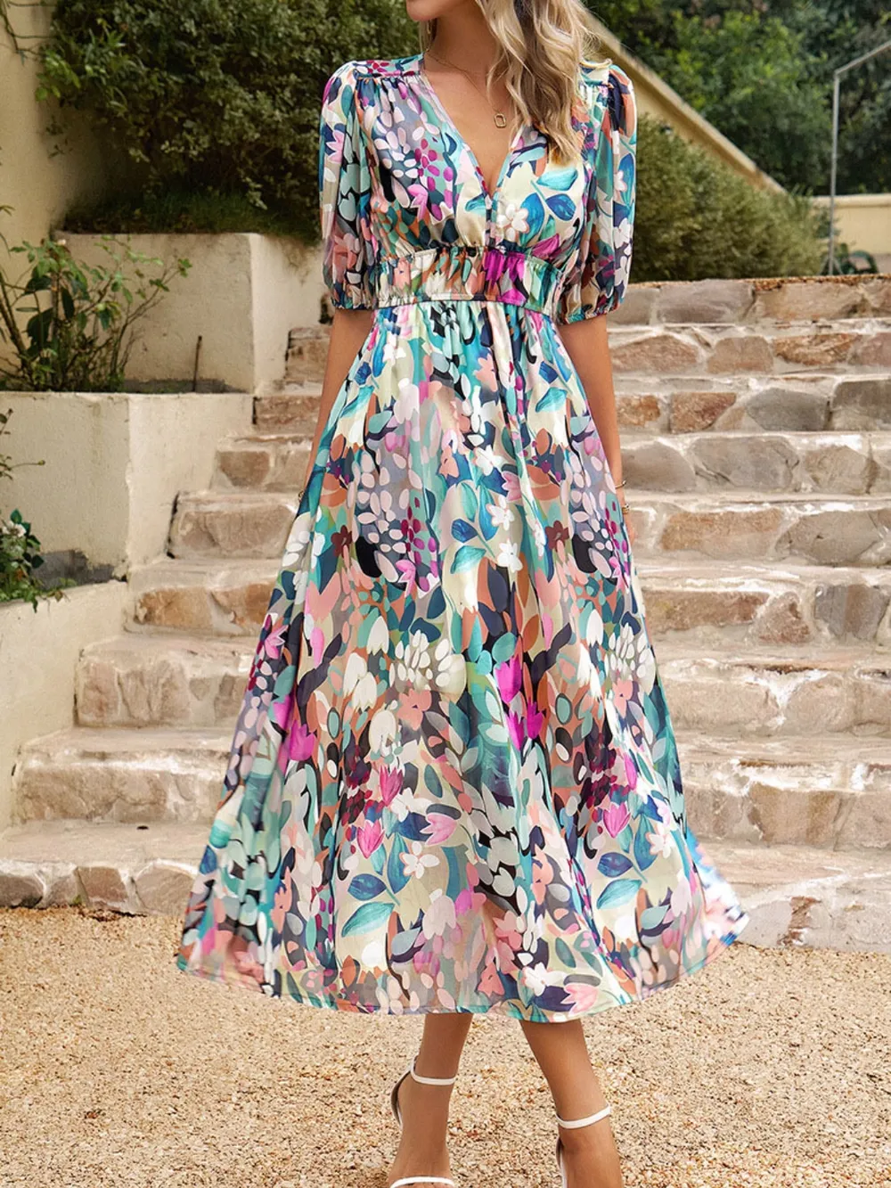 Printed Puff Sleeve Midi Dress, image 11