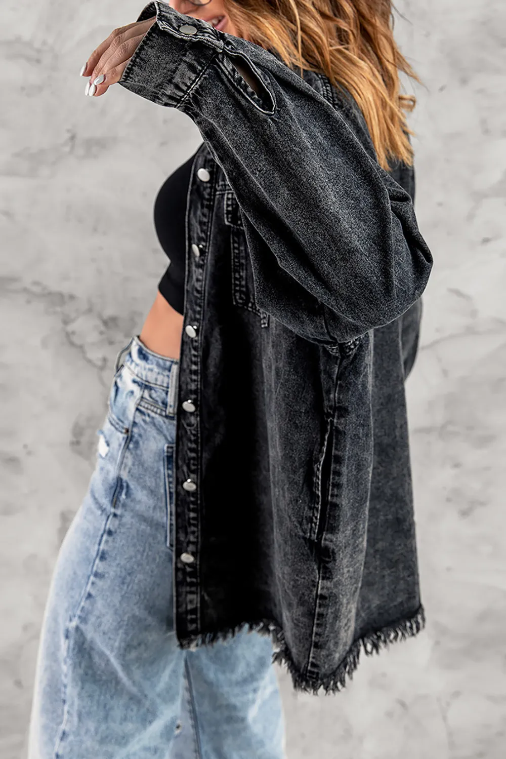 Button Up Pocketed Raw Hem Denim Jacket, image 11